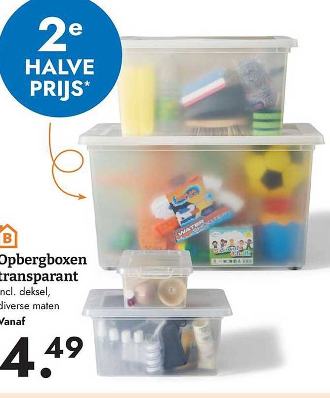 Opbergboxen transparant incl. deksel, diverse maten 2e halve prijs