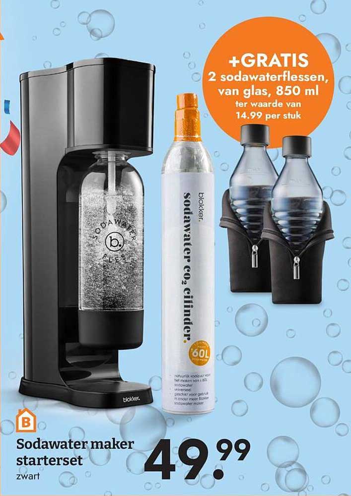 Sodawater maker starterset zwart +GRATIS 2 sodawaterflessen, van glas, 850 ml