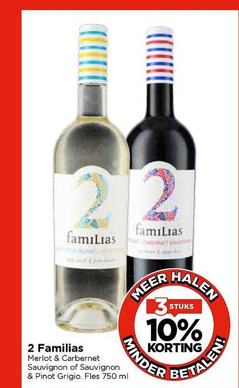 2 Familias Merlot & Carbernet Sauvignon of Sauvignon & Pinot Grigio, Fles 750 ml