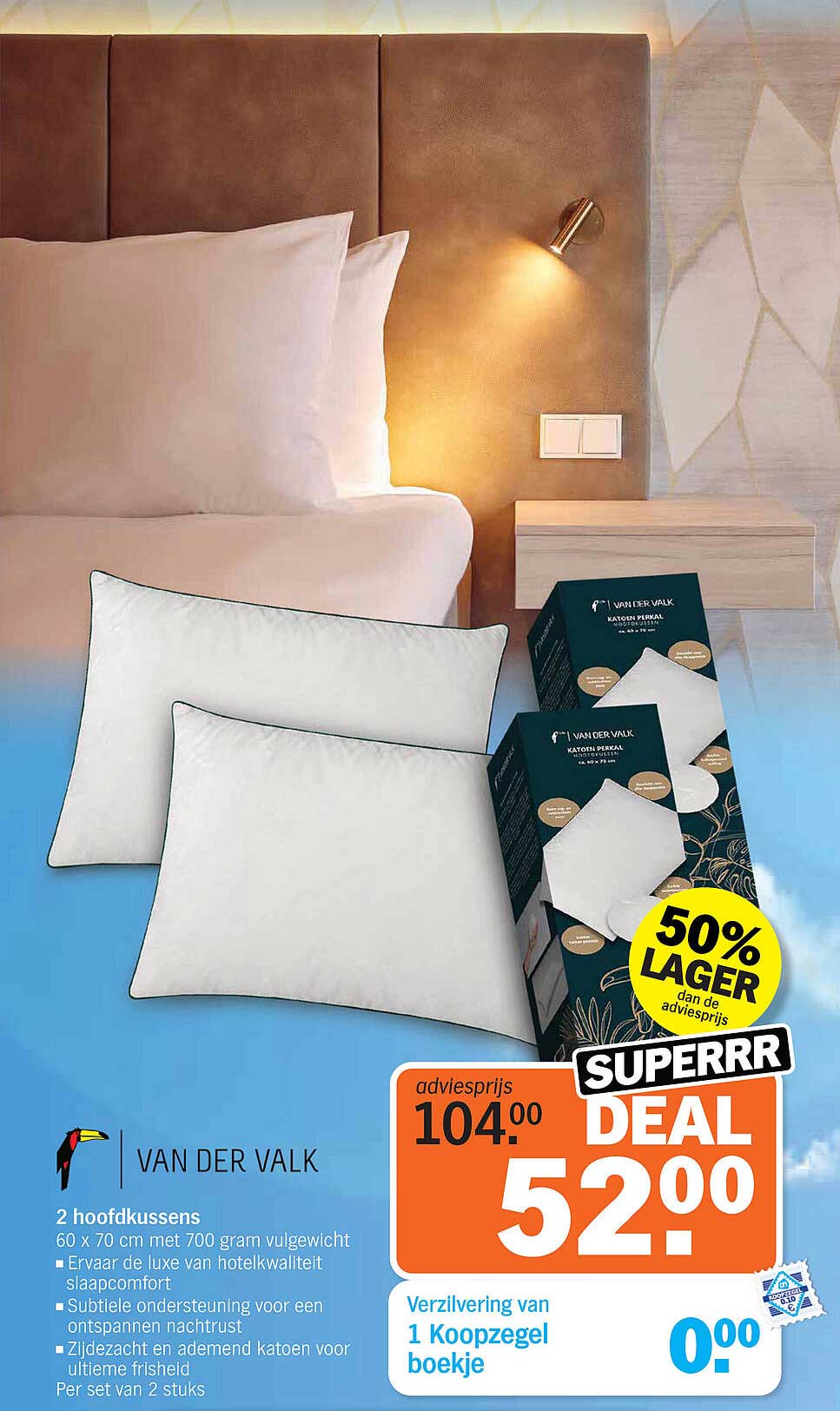 2 hoofdkussen 60 x 70 cm met 700 gram vulling