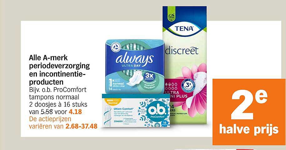Alle A-merk periodeverzorging en incontinentieproducten