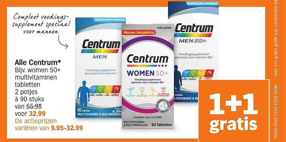Alle Centrum* - Bijv. women 50+ multivitaminen tabletten 2 potjes à 90 stuks van 65.98 voor 32.99