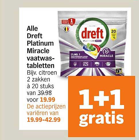 Alle Dreft Platinum Miracle vaatwas-tabletten Bijv. citroen 2 zakken à 20 stuks van 39.98 voor 19.99