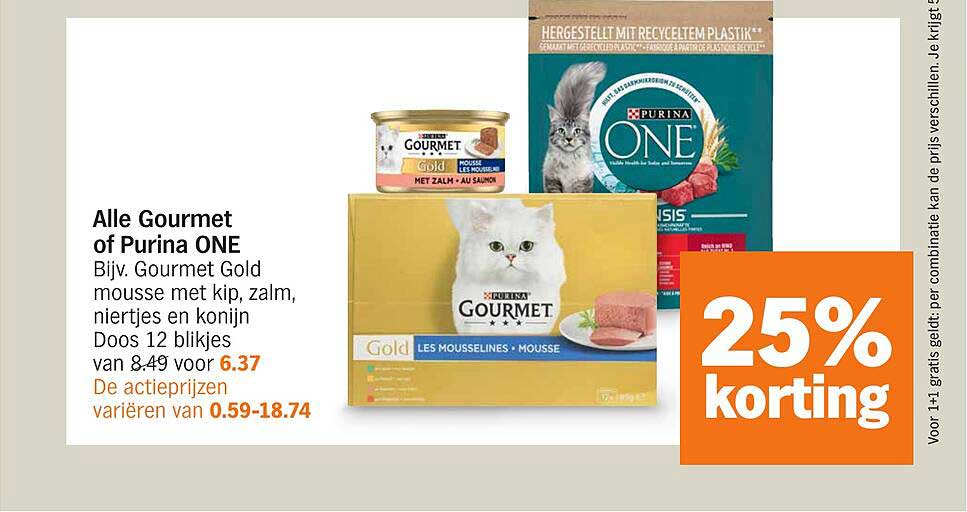 Alle Gourmet of Purina ONE Bijv. Gourmet Gold mousse met kip, zalm, niertjes en konijn Doos 12 blikjes