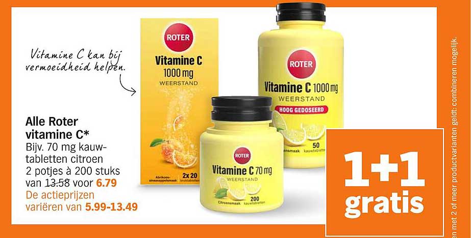 Alle Roter vitamine C* Bijv. 70 mg kauwtabletten citroen 2 potjes à 200 stuks van 13,58 voor 6,79
