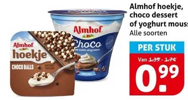 Almhof hoekje, choco dessert of yoghurt mousse, Alle soorten