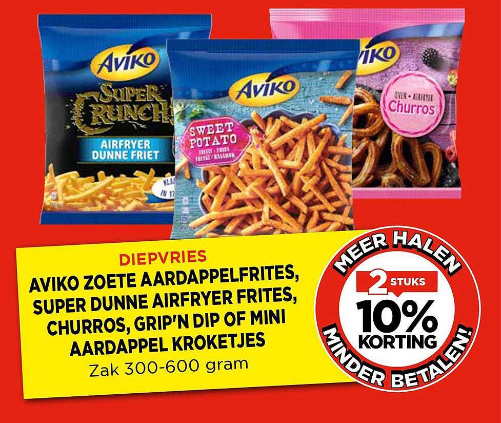 AVIKO ZOETE AARDAPPELFRITES, SUPER DUNNE AIRFRYER FRITES, CHURROS, GRIP'N DIP OF MINI AARDAPPEL KROKETJES, Zak 300-600 gram
