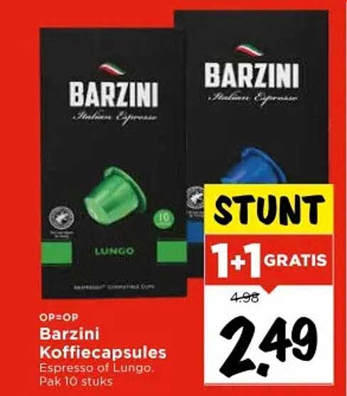 Barzini Koffiecapsules 1+1 GRATS