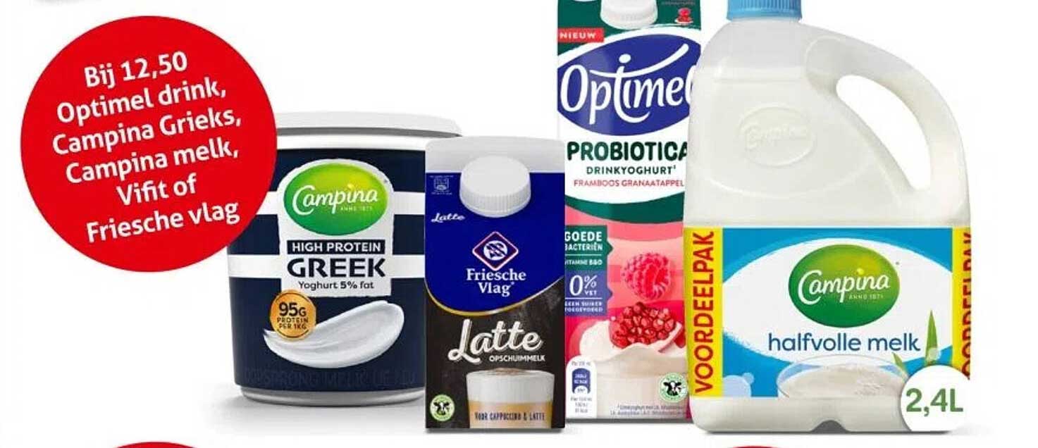 Bij 12,50 OptiMel drink, Campina Griek, Campina melk, Vifit of Frisese vlag