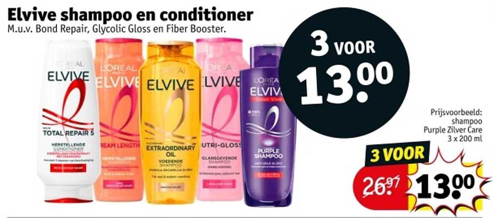 Elvive shampoo en conditioner M.u.v. Bond Repair, Glycolic Gloss en Fiber Booster.