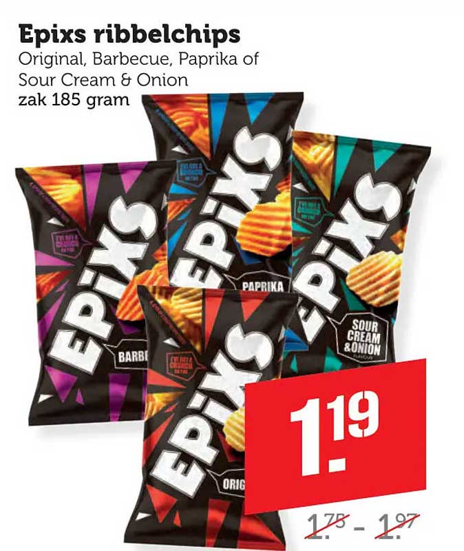 Epixs ribbelchips Original, Barbecue, Paprika of Sour Cream & Onion zak 185 gram