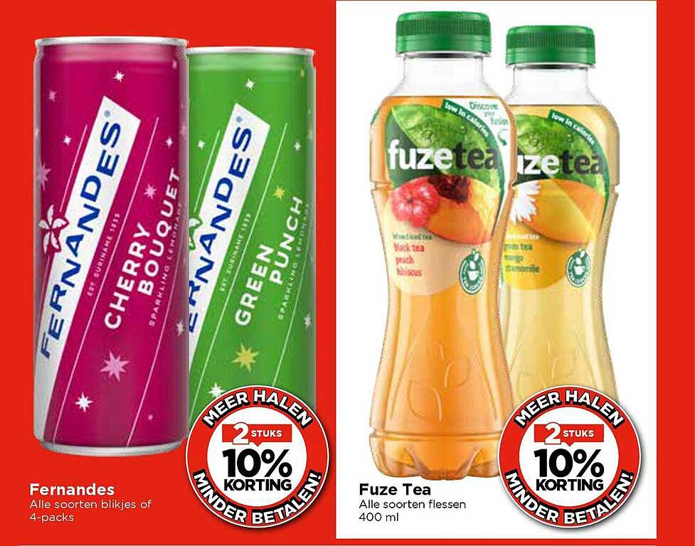 Fernandes Alle soorten blijkjes of 4-packs en Fuze Tea Alle soorten flessen 400 ml