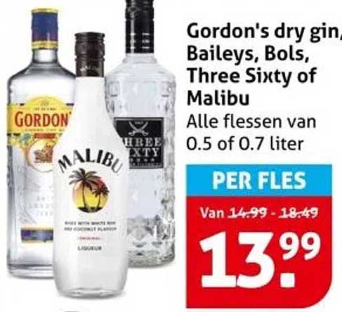 Gordon's dry gin, Baileys, Bols, Three Sixty of Malibu