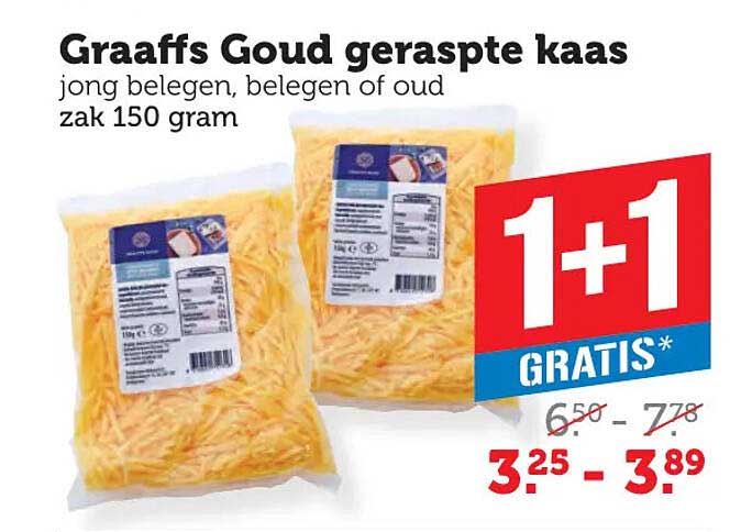 Graaffs Goud geraspte kaas jong belegen, belegen of oud zak 150 gram