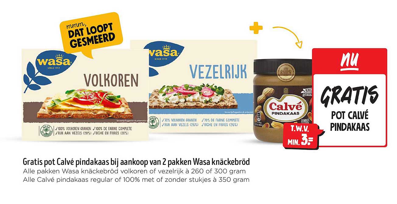 Gratis pot Calvé pindakaas bij aankoop van 2 pakken Wasa knäckebröd