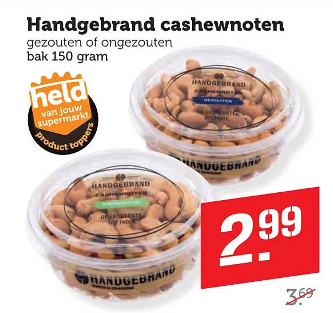 Handgebrand cashewnoten gezouten of ongezouten bak 150 gram