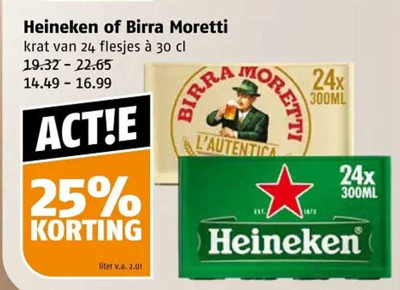 Heineken of Birra Moretti - krat van 24 flesjes à 30 cl