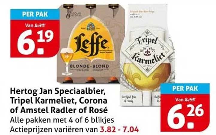 Hertog Jan Speciaalbier, Tripel Karmeliet, Corona of Amstel Radler of Rosé