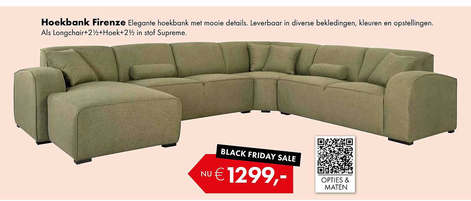 Hoekbank Firenze Elegante hoekbank met mooie details. Leverbaar in diverse bekledingen, kleuren en opstellingen.