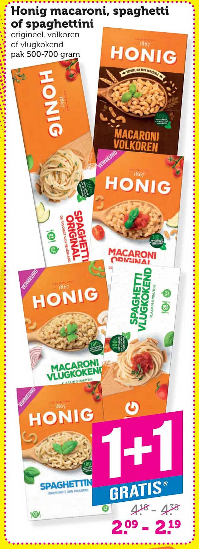 Honig macarani, spaghetti of spaghettini origineel, volkoren of vlugkokend pak 500-700 gram