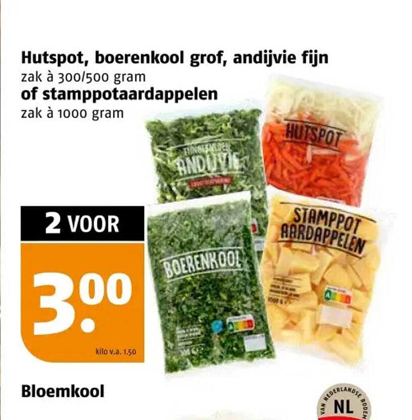 Hutspot, boerenkool grof, andijvie fijn of stampotaardappelen zak à 300/500 gram of zak à 1000 gram