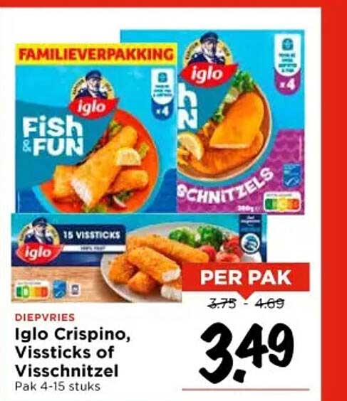 Iglo Crispino, Vissticks of Visschnitzel Pak 4-15 stuks