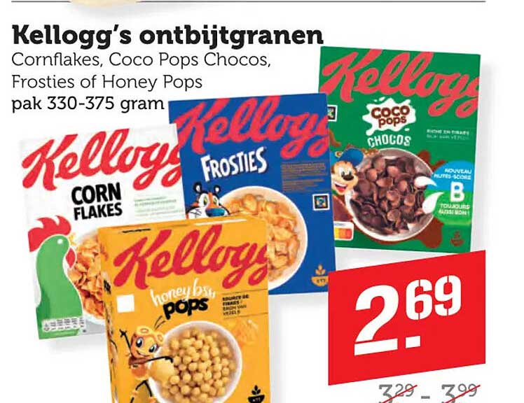 Kellogg’s ontbijgranenen Cornflakes, Coco Pops Chocos, Frosties of Honey Pops pak 330-375 gram