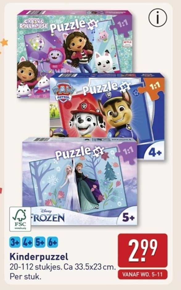 Kinderpuzzel 20-112 stukjes. Ca 33.5x23 cm. Per stuk.