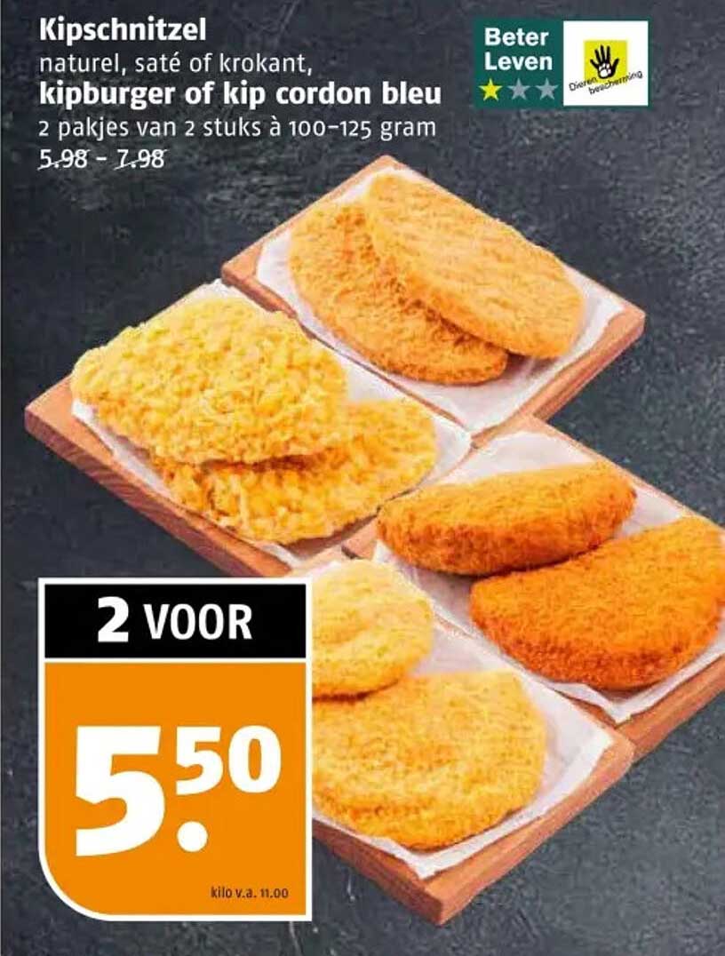 Kipschnitzel natuurlijk, saté of krokant, kipburger of kip cordon bleu