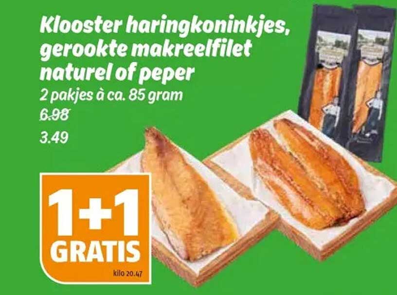 Klooster haringkoninkjes, gerookte makreelfilet natuur of peper