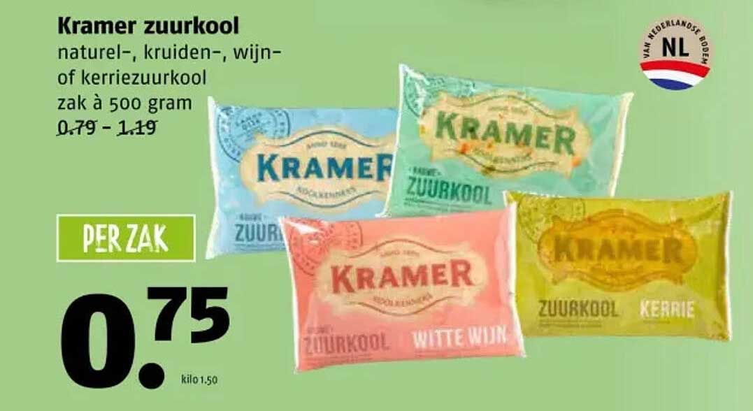 Kramer zuurkool natuur-, kruiden-, wijn- of kerriezuurkool zak à 500 gram