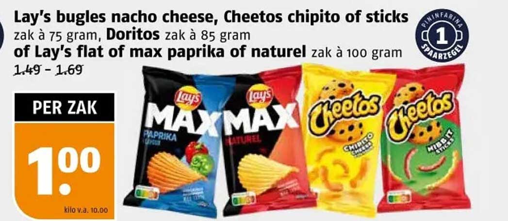 Lay's bugles nacho cheese, Cheetos chipito of sticks zak à 75 gram, Doritos zak à 85 gram of Lay's flat of max paprika of natuur zak à 100 gram