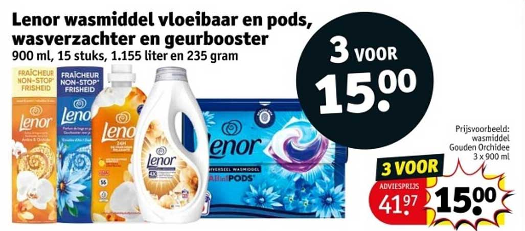 Lenor wasmiddel vloeibaar en pods, wasverzachter en geurbooster 900 ml, 15 stuks, 1.155 liter en 235 gram