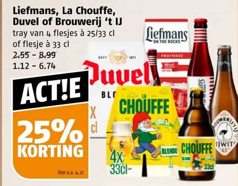 Liefmans, La Chouffe, Duvel of Brouwerij 't IJ tray van 4 flesjes à 25/33 cl of flesje à 33 cl