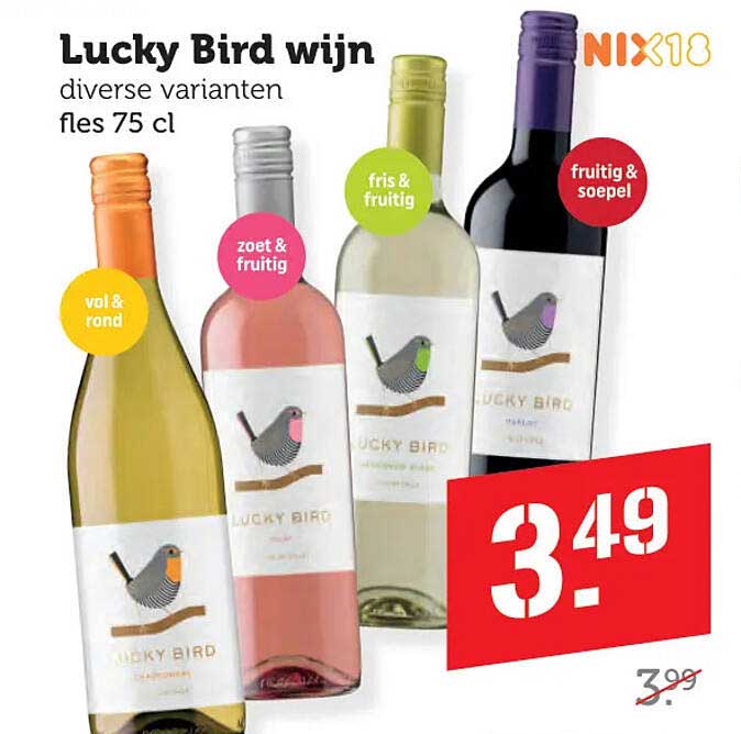 Lucky Bird wijn diverse varianten fles 75 cl