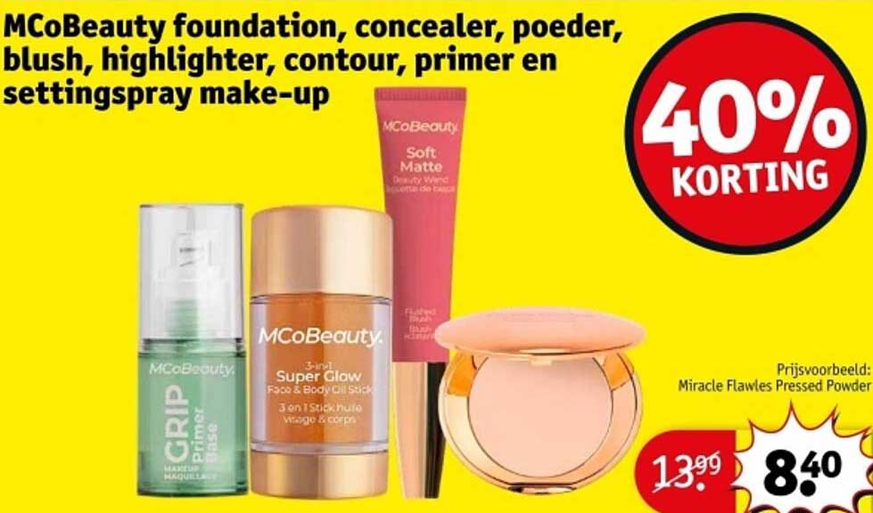 MCoBeauty foundation, concealer, poeder, blush, highlighter, contour, primer en settingspray make-up met 40% korting