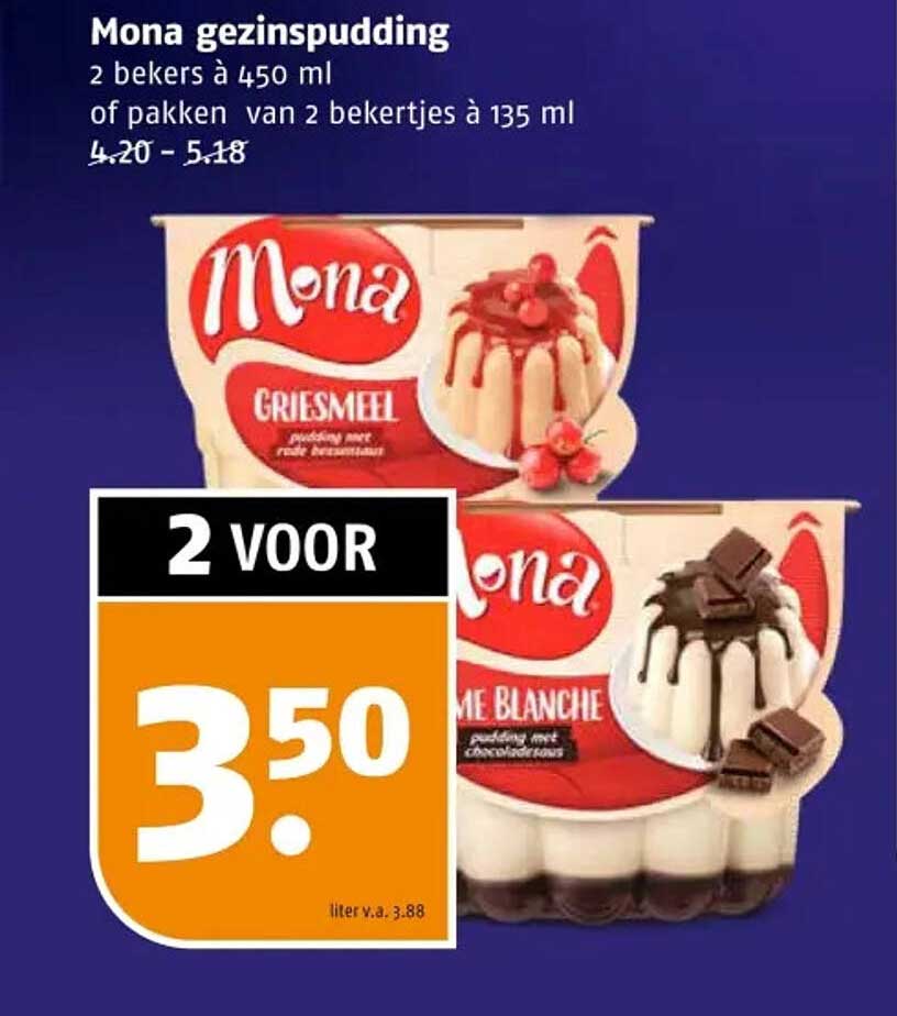 Mona gezinspudding 2 bekers à 450 ml of pakken van 2 bekertjes à 135 ml