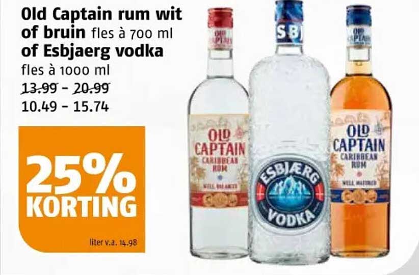 Old Captain rum wit of bruin fles à 700 ml of Esbjaerg vodka fles à 1000 ml