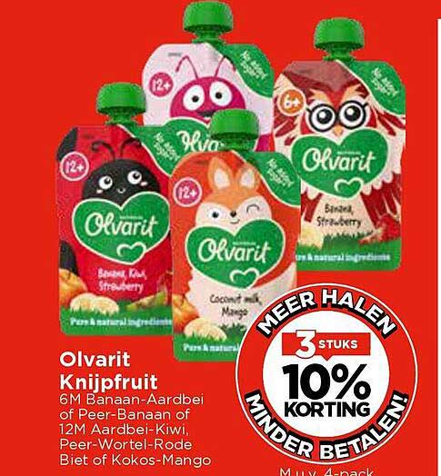 Olvarit Knijpfruit 6M Banaan-Aardbei of Peer-Banaan of 12M Aardbei-Kiwi, Peer-Wortel-Rode Biet of Kokos-Mango