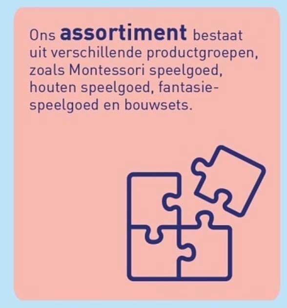 Ons assortiment bestaat uit verschillende productgroepen, zoals Montessori speelgoed, houten speelgoed, fantasie-speelgoed en bouwsets.