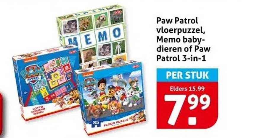 Paw Patrol vloerpuzzel, Memo baby-dieren of Paw Patrol 3-in-1
