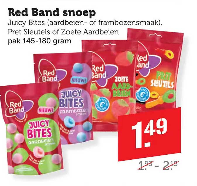 Red Band snoep Juicy Bites (aardbeien- of frambozensmaak), Pret Sleutels of Zoete Aardbeien pak 145-180 gram