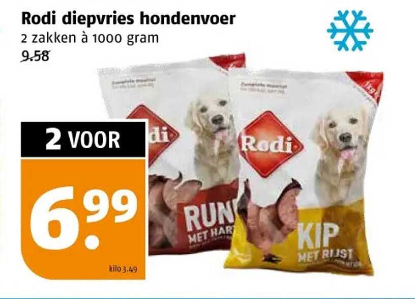 Rodi diepvries hondenvoer, 2 zakken à 1000 gram voor 6,99