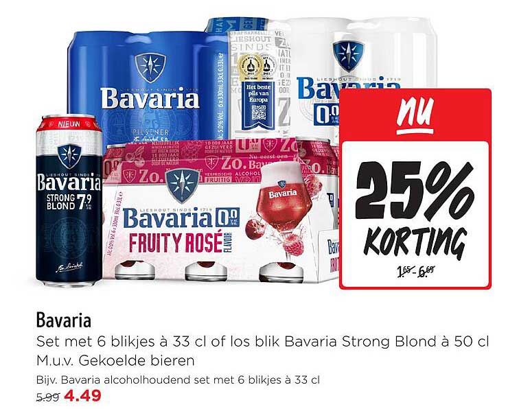 Set met 6 blikjes à 33 cl of los blik Bavaria Strong Blond à 50 cl m.u.v. gekoelde bieren