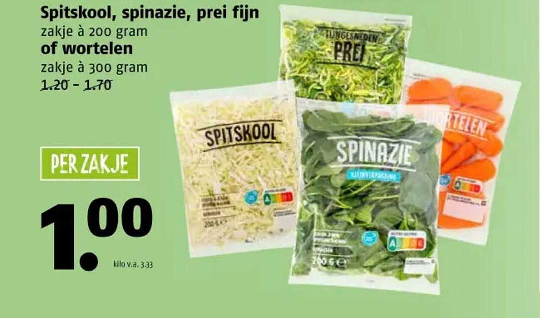 Spitskool, spinazie, prei fijn zakje à 200 gram of wortelen zakje à 300 gram