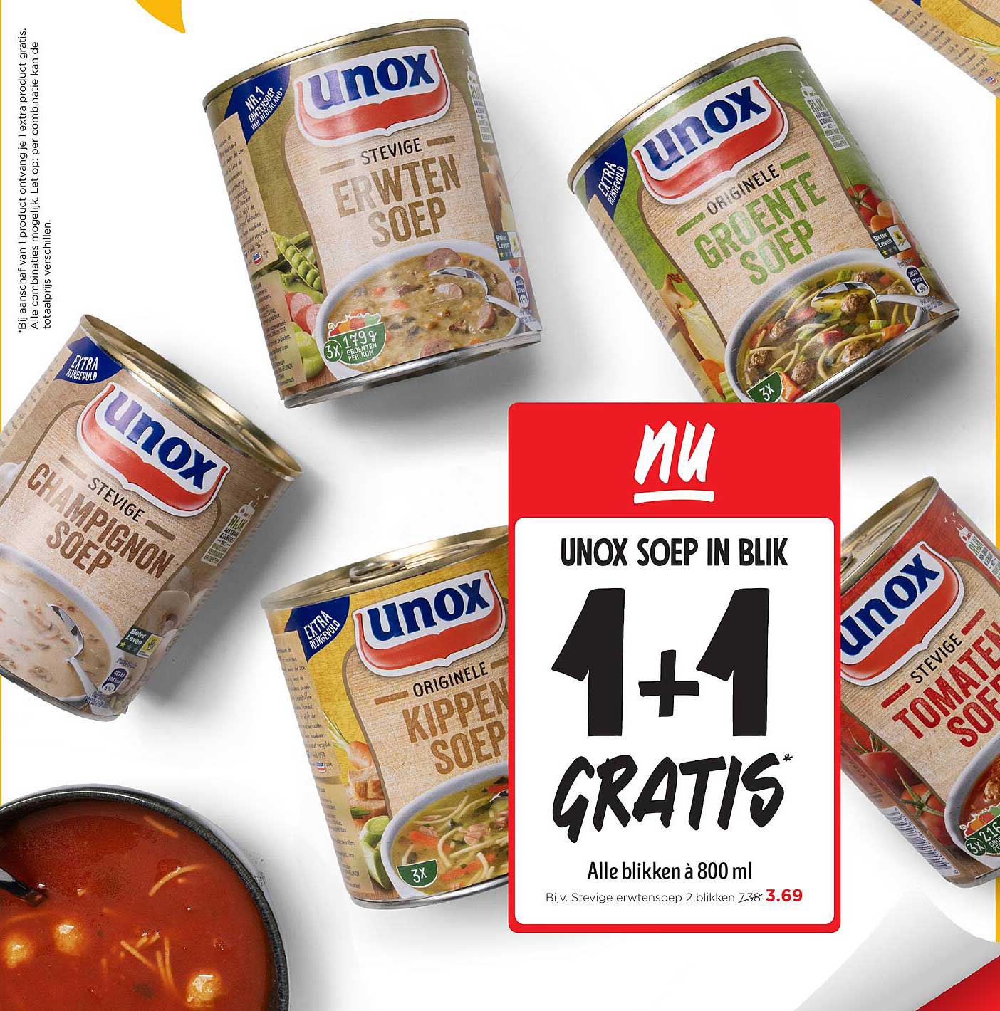 UNOX SOEP IN BLIK 1+1 GRATIS