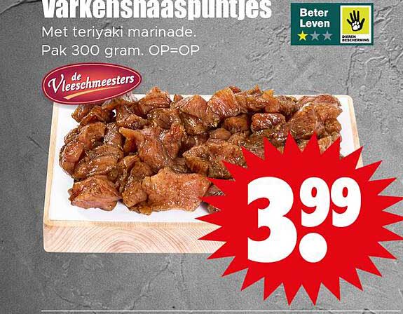 Varkenshaaspuntjes met teriyaki marinade - Pak 300 gram. OP=OP