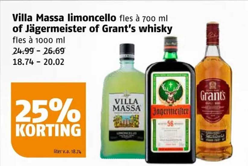Villa Massa limoncello fles à 700 ml of Jägermeister of Grant's whisky