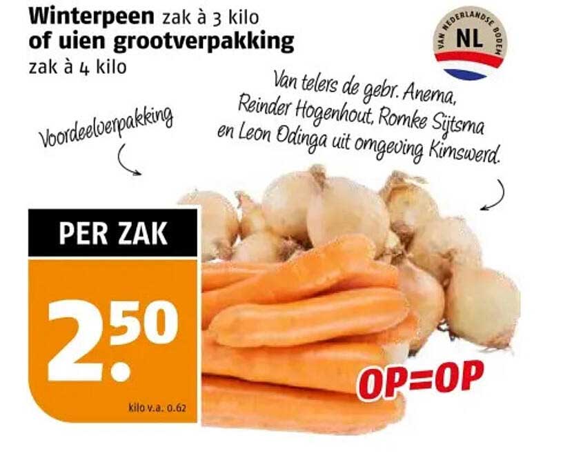 Winterpeen zak à 3 kilo of uien grootverpakking zak à 4 kilo