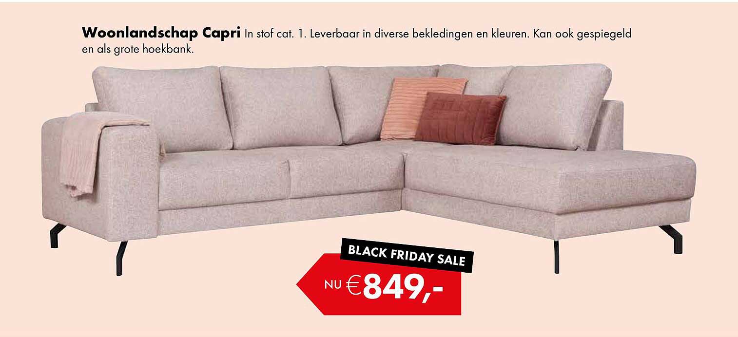 Woonlandschap Capri in stof cat. 1. Leverbaar in diverse bekledingen en kleuren. Kan ook gespiegeld en als grote hoekbank.